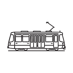 A black and white drawing of a city tram