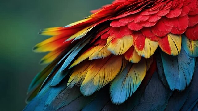 Extreme close-up of vibrant red, yellow, and blue macaw parrot feathers ruffling gently