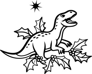 Obraz premium Dinosaur with holly leaves and berries festive prehistoric creature outline with holiday decoration and star