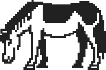 Fototapeta premium Pixel art black and white horse silhouette grazing on white background, minimalistic farm animal design