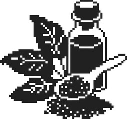 black pepper seasoning set with glass bottle, spoon, and pepper leaves illustration