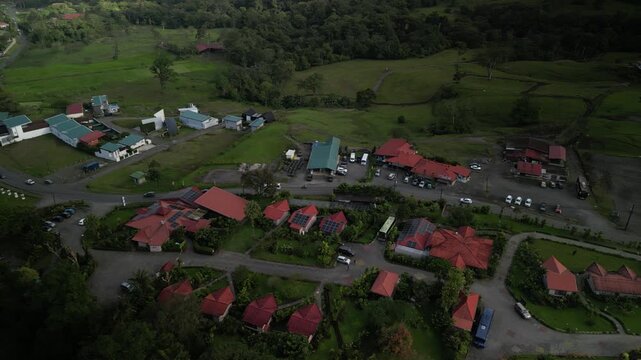 Aerial above Ruta 142 near La Fortuna Costa Rica Alajuela Province with resorts and restaurants
