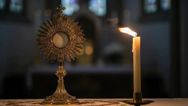 Christian Holy Relic Monstrance and Burning Candle in Church - Religious Worship