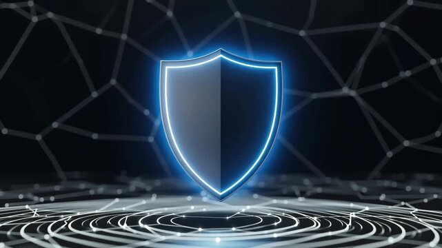A glowing shield icon hovers above a digital network node representing advanced cybersecurity protocols and data protection.