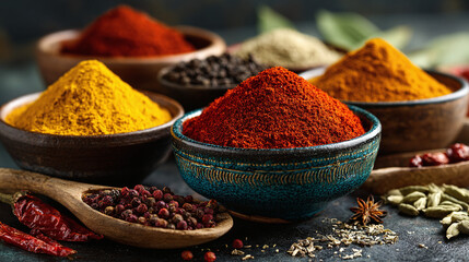 Fototapeta premium assorted spice powders in wooden bowls including paprika turmeric and chili creating rich flavors and aromas for traditional cooking and organic culinary recipes
