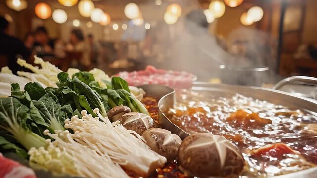 Steaming Sichuan Hot Pot Dolly Shot with Bubbling Red Broth and Fresh Ingredients