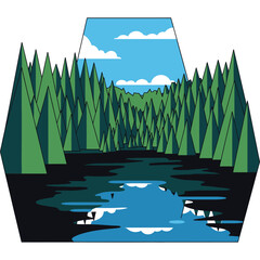 Symmetric pine forest surrounding dark lake with sky reflection in hexagonal frame © VectorVista