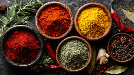 Fototapeta premium colorful spice bowls with paprika turmeric and chili powders showcasing aromatic organic herbs and natural seasoning ingredients for healthy gourmet cooking