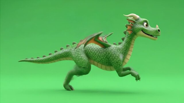 Green cartoon dragon running on a green screen background, animated creature with wings.