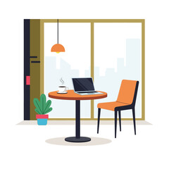 Fototapeta premium Cozy cafe scene with laptop, coffee, and plant by large window