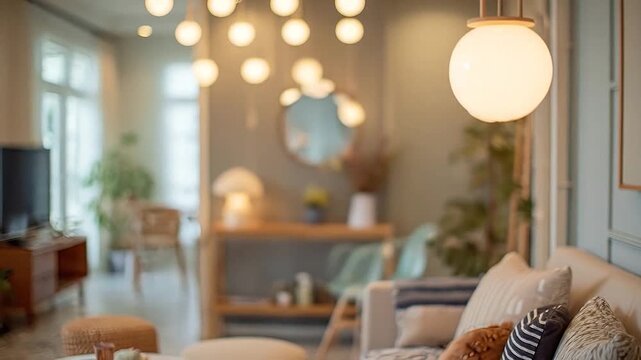 A glowing spherical light fixture brightens a cozy, blurred living space.