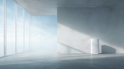Obraz premium Minimalist White Air Purifier in Bright Industrial Room with Large Windows and Concrete Walls Casting Soft Shadows in a Spacious Interior