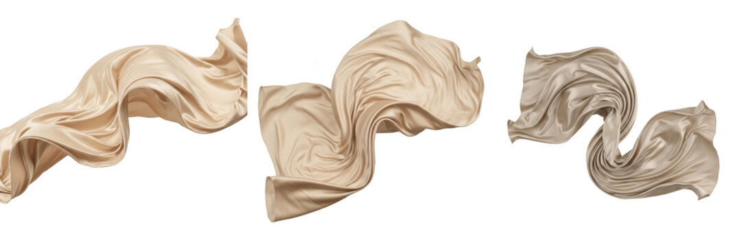 Flowing Beige Fabric Wave Isolated on White &ndash; Elegant Silk Cloth Motion Design Element