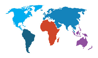 Fototapeta premium World Map Highlighting Continents with Distinct Colors