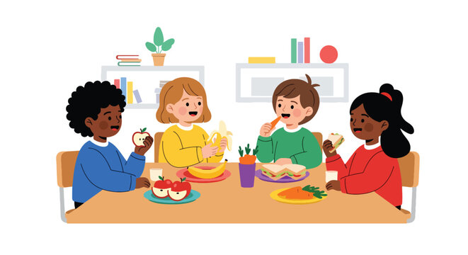 Modern flat vector illustration of children eating healthy snacks at classroom table representing daily school routine and social preschool environment
