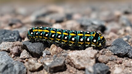 A wild yellow and black fire salamander crawls near a green larva caterpillar on a wet leaf and branch in this macro nature wildlife shot