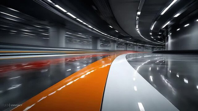 A dynamic image of a curved tunnel with a vibrant orange lane, suggesting speed and forward movement. Ideal for illustrating concepts of progress, inn