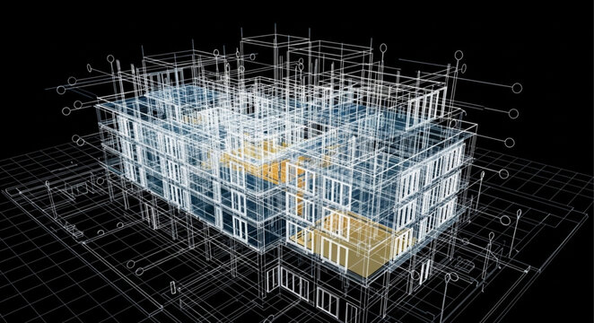 3D digital model of a modern building structure.