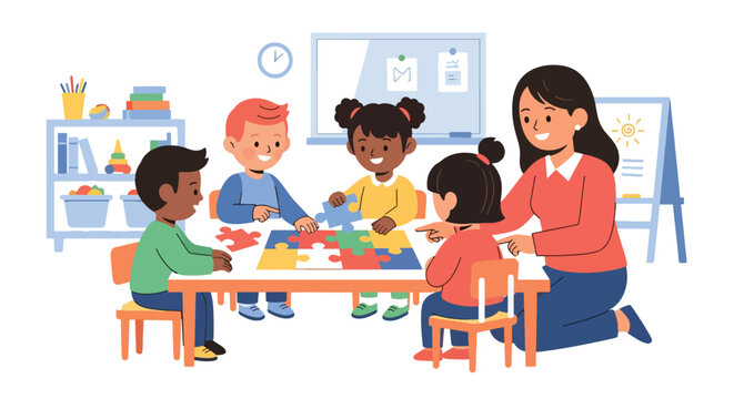 Modern flat vector illustration of teacher helping child solve puzzle at classroom table representing cognitive development, problem solving and early learning