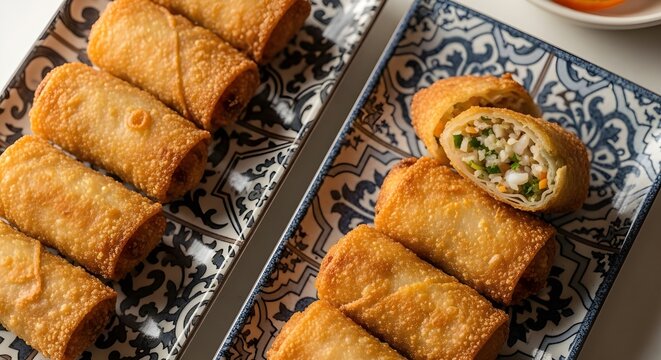 A plate of crispy fried spring rolls served on a decorative blue and white plate