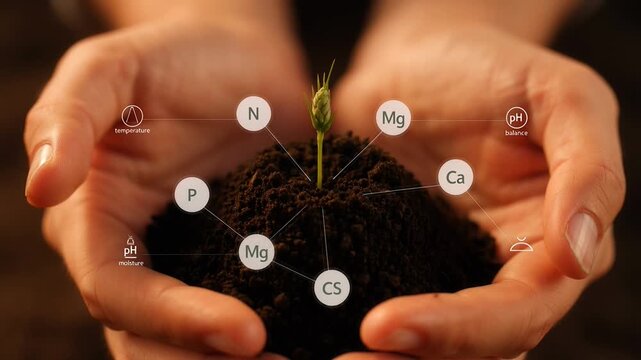 Hands Holding Soil with Fertilizer Elements and a Young Plant Growing