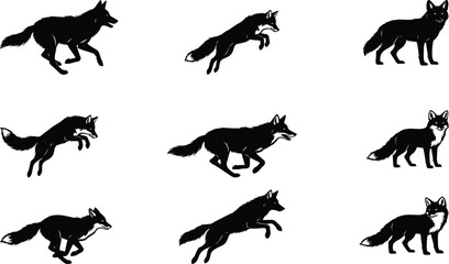 Naklejka premium Fox silhouettes set with running, jumping and standing poses, wild forest animal collection isolated for wildlife, hunting, nature illustration and woodland design
