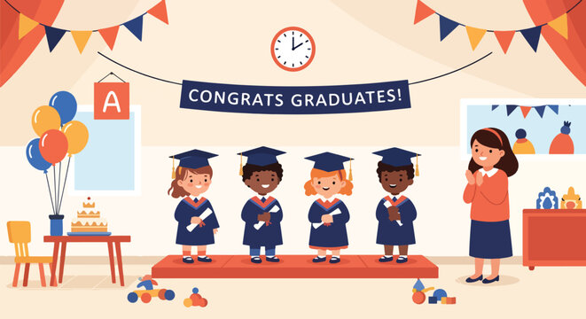 Modern flat vector illustration of kindergarten graduation ceremony with children wearing caps celebrating milestone and educational achievement