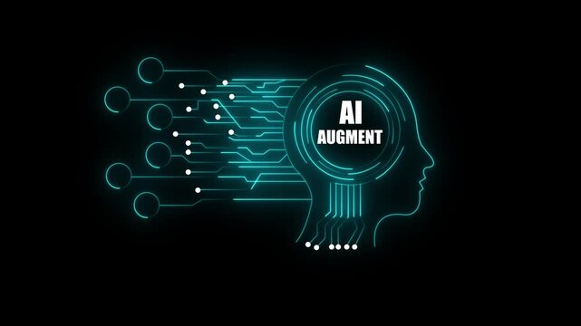 Futuristic Digital Concept Featuring AI AUGMENT Text Over Glowing Circuit Board Neural Network Pattern Inside Human Head Silhouette Background Design