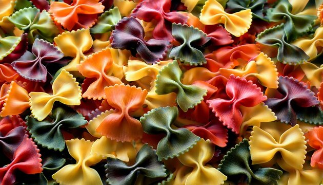 Colorful Farfalle Pasta Piled Closely Together Shows Hues Of Yellow Red Green Orange And Black