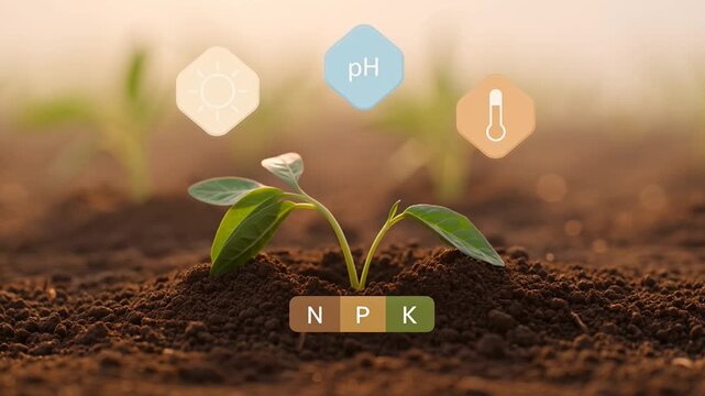 Young Green Plant Growing in Soil with Npk Fertilizer Representation and Agro Symbols