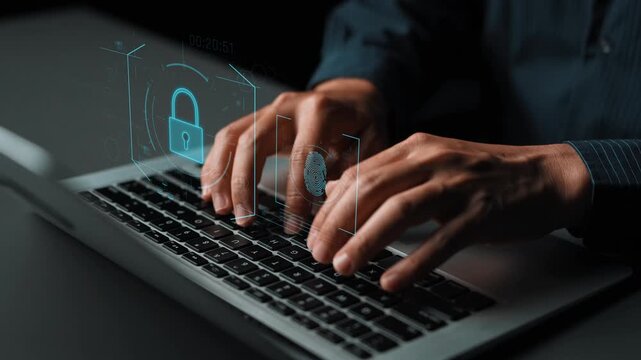 Digital cyber security lock system highlighting data security encryption, cyber password protection, fingerprint ID, cloud storage safety, and cyber security for online access Marrow