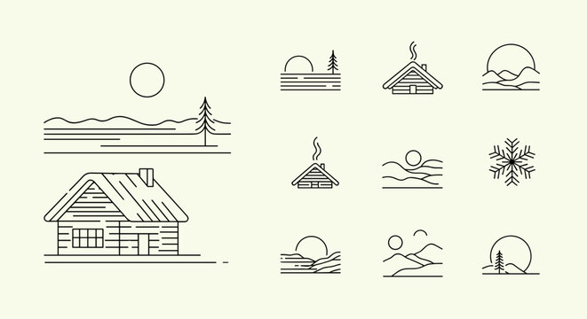 Black line drawing house with chimney.