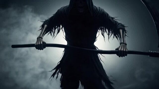 Grim Reaper with Scythe Approaching in Foggy Mystical Atmosphere