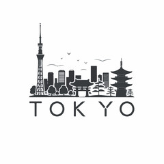 Obraz premium Iconic silhouette graphic of the Tokyo skyline featuring the Skytree, ancient pagoda, and modern buildings, symbolizing urban development, global travel, and rich Japanese heritage