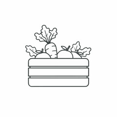 Vector illustration of a wooden crate filled with fresh, healthy produce like carrots and tomatoes, symbolizing organic farming and healthy eating