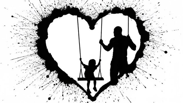 Father and child on swing inside ink splash heart silhouette