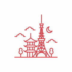 Iconic Tokyo landmark illustration with traditional pagoda and moon in minimalist red outline style