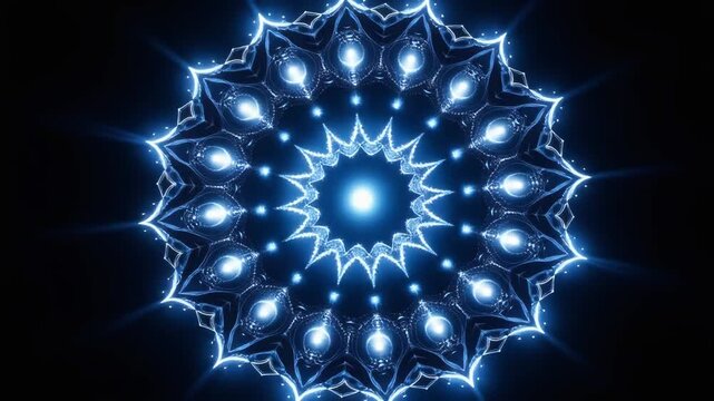 Abstract geometric animation glowing blue symmetrical pattern on black backdrop