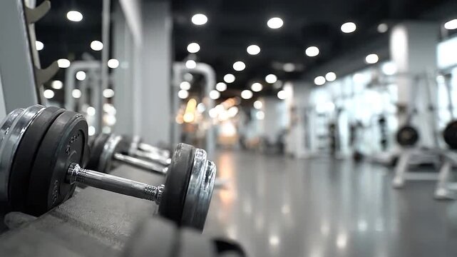 Rows of shiny l dumbbells are neatly arranged on a rack inside a modern fitness