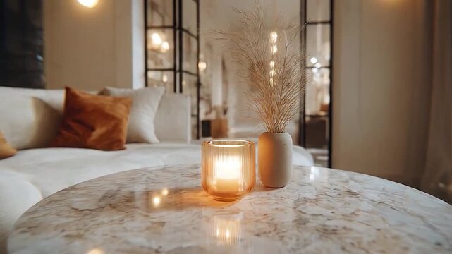 Elegant living room interior featuring a marble table and soft lighting.