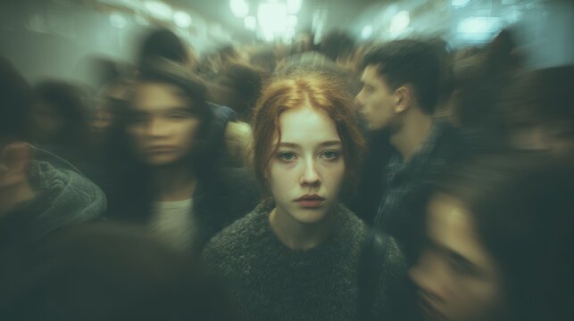 Social anxiety, above and blur with woman and people for panic attack, loneliness and fear. Mental health, depression and trauma with portrait of person in crowd for scared, ptsd psychology and sad