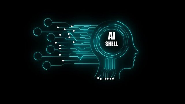 Futuristic Digital Concept Featuring AI SHELL Text Over Glowing Circuit Board Neural Network Pattern Inside Human Head Silhouette Background Design