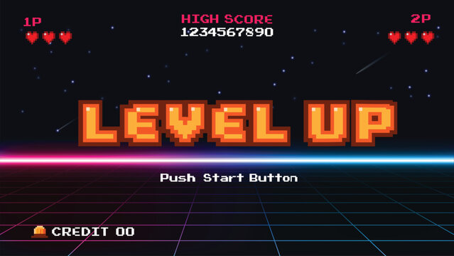 Pixel art game level up background.Video game level up background. Retro 8 bit video game interface with You Win text, computer game level up background.	
