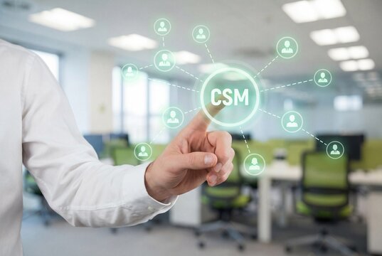Professional hand touching digital CSM interface with network of people icons in modern office