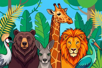 Fototapeta premium Group of wild animals featuring giraffe lion bear kangaroo and tropical birds in green jungle nature