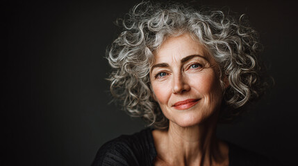 Fototapeta premium radiant mid aged female model with natural gray hair and authentic smile lifestyle portrait celebrating graceful aging and wellness