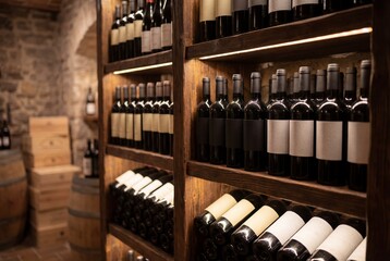 Wine cellar with rows of dark bottles on wooden shelves