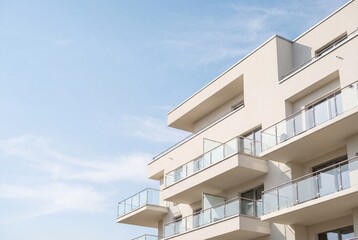 Fototapeta premium Modern off white apartment building exterior with glass balconies under blue sky