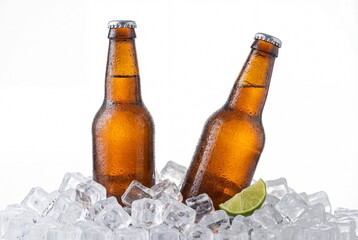 Two amber beer bottles in ice with lime slice