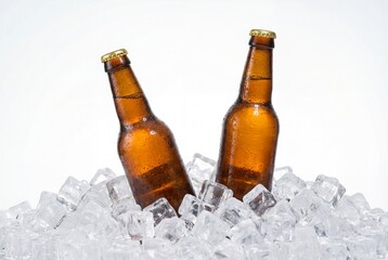 Two amber beer bottles with gold caps in ice